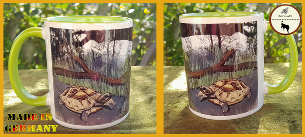 Bedruckte Kaffeetasse mit Künstlerfoto "Schildkröte" (hellgrün innen)